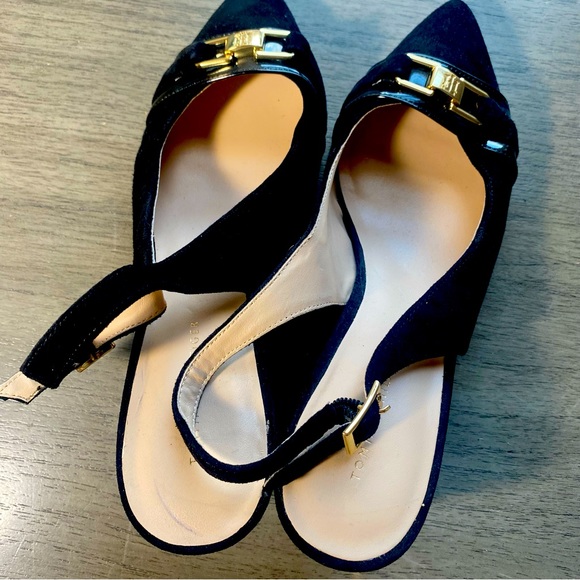 Tommy Hilfiger Black Suede Gold Front Buckle Sling Back Heel - Picture 3 of 8